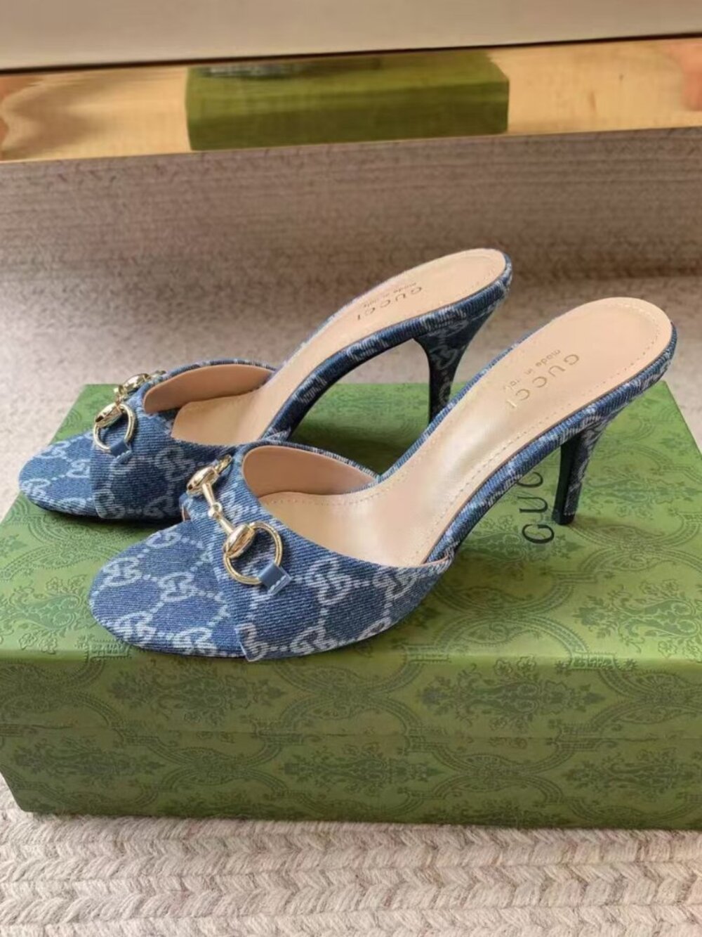 GUCCI Vintage Washed Blue GG Stiletto Mule Heels